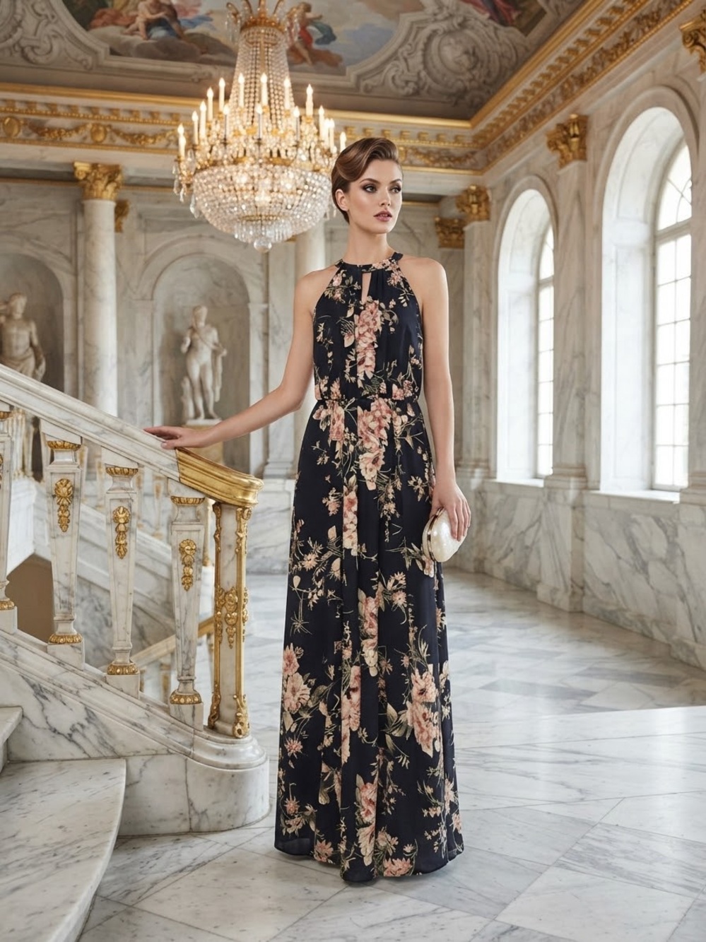 Lulu's Navy Floral Halter Maxi Dress with Blush Blooms